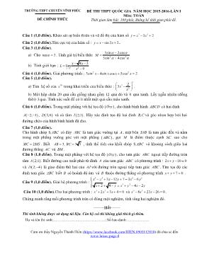 Đề thi THPT quốc gia năm học 2015  2016  Lần I môn Toán học